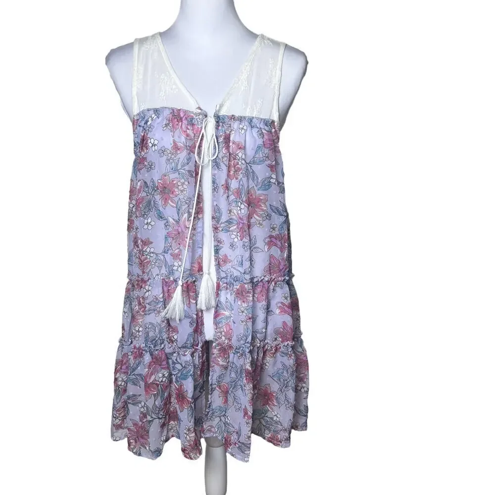 Coquette Floral Sheer Ruffle Dress Cover Up Romantic Beach Resortwear Large